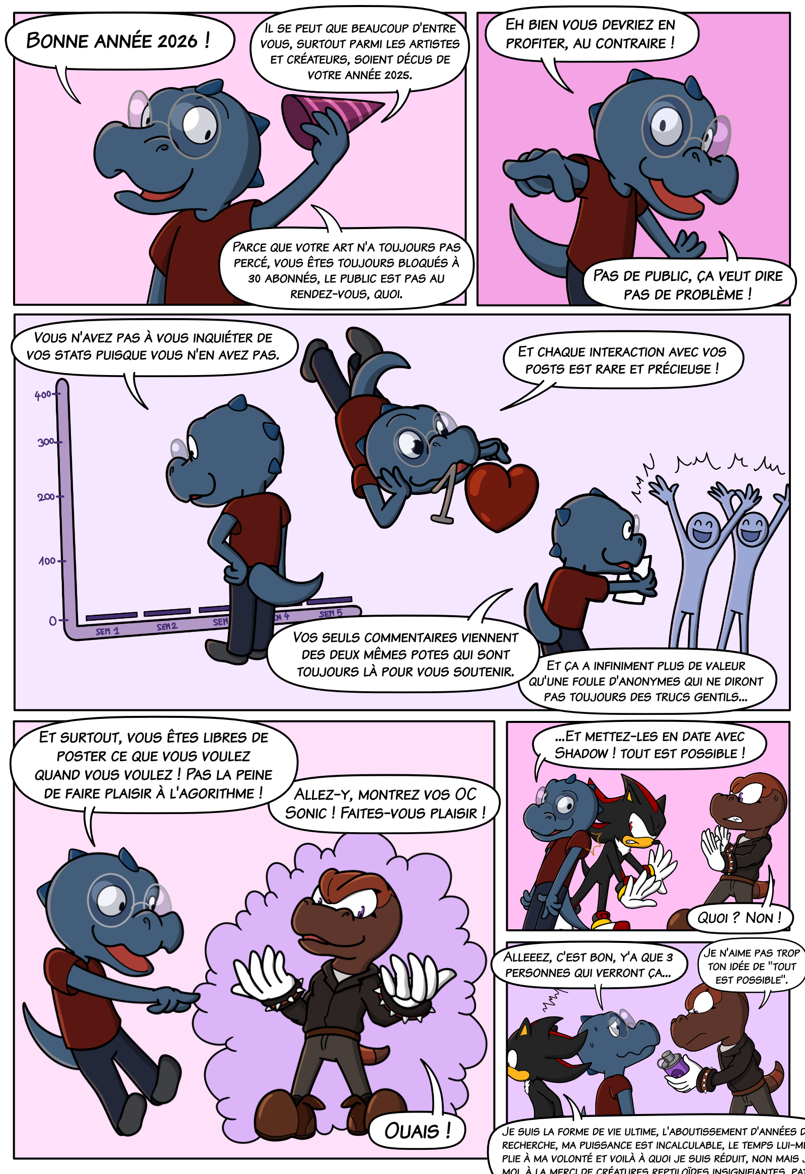 Webcomic montrant le lézard qui aide seslecteurs à relativiser sur le fait qu'ils n'ont pas encore trouvé leur public.